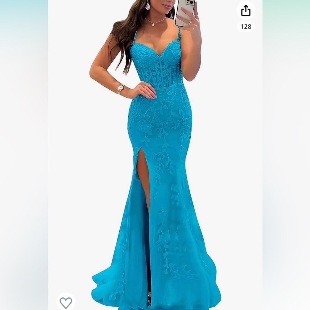 Blue Floral Pattern Prom Dress
